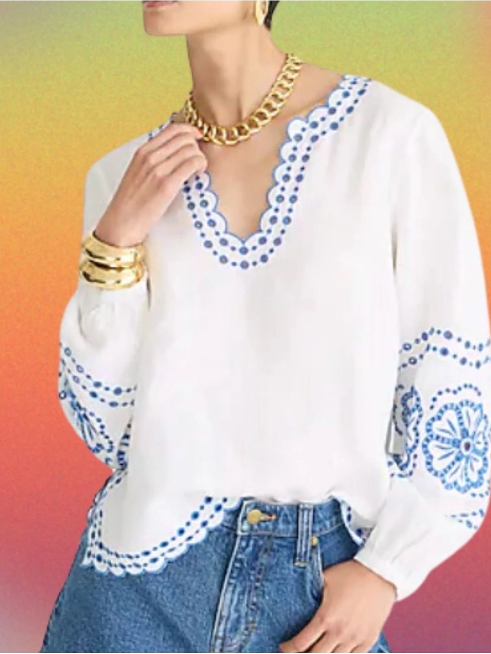 Women's J. Crew White Blue Flower Linen V-Neck Embroidered Boho Tunic Blouse XS